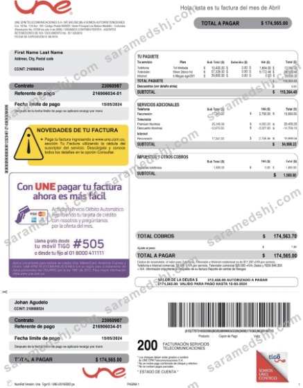 Colombia UNE EPM Telecomunicaciones PSD utility bill